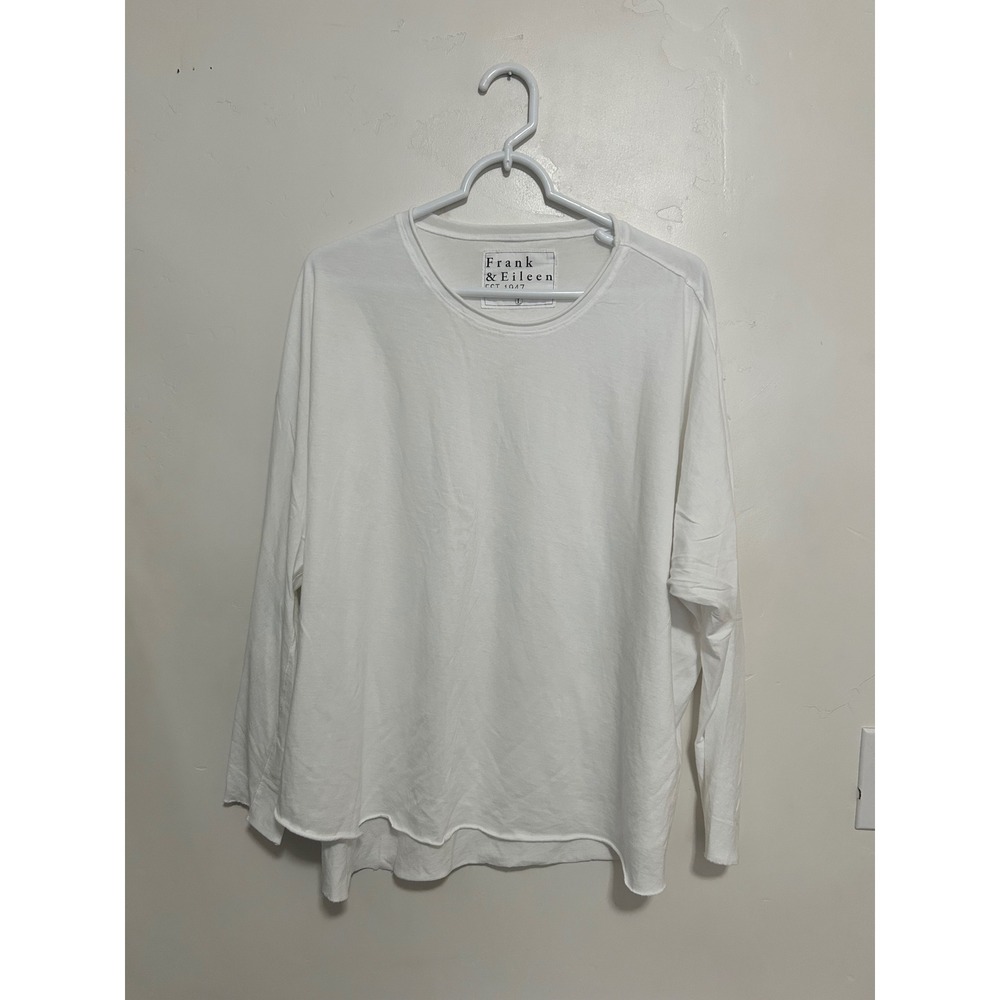 Frank & Eileen White Long Sleeve Raw Hem Cotton Tee Shirt Womens Large L